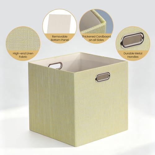 Posprica Storage Cubes, 13 x 13 x 13 Inches Fabric Bins with Double Handles，Cubes Basket Containers, For Shelf Cabinet Bookcase, Closet Organizers for Shelves, Foldable-Set of 4, Yellow/Beige mixed