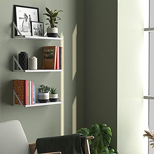 Wallniture Minori Washed White Floating Shelves for Wall Storage, Bathroom Shelves Over The Toilet Storage, Wood Wall Shelf Set of 3 with White Brackets