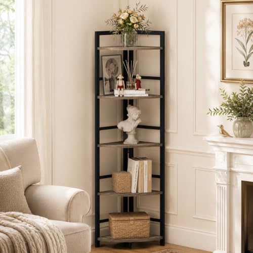 BON AUGURE Rustic Corner Shelf Stand, Tall Industrial Corner Bookshelf, Wood Metal 5 Tier Bookcase Shelves, Display Shelving Unit for Kitchen, Living Room (Dark Grey Oak)