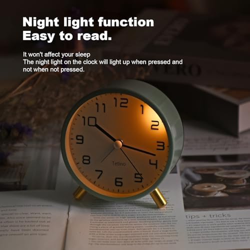 Tetino Analog Alarm Clocks,Retro Metal Desk Silent Non Ticking Small Clock with Night Light,Battery Operated,Simple Design,for Bedrooms, Bedside,Office,Home Décor (White)
