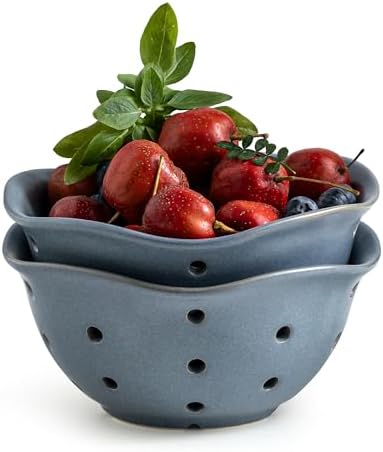 Gomakren Ceramic Berry Basket, 6in Floral Fruit Bowl with Holes, Slate Blue