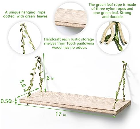 Leaf Rope Hanging Wall Floating Shelves, 2-Pack (Light Color)