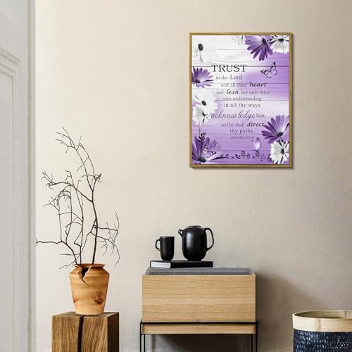 LB Purple Floral Wall Art for Bathroom Bible Verse on Vintage Grey Wood Framed Canvas Wall Art Wall Paintings Home Decor Daisy Wall Pictures for Living Room Bedroom Office Ready To Hang,12x17 Inch