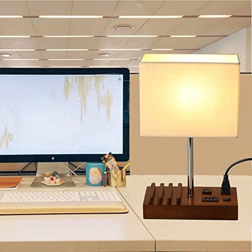 Briever USB Table Lamp, Multi-Functional Desk Lamp with 2 AC Outlets, Bedside Lamp with 3 USB Charging Ports and Wooden Phone Stands, Nightstand Lamp for Bedroom, Livingroom, Office, Walnut Wood