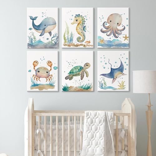 Nursery Sea Animal Wall Decor Set of 6 Ocean Watercolor Canvas Wall Art Baby Boys Room Wall Art Ocean Sea Animal Pictures Kids Girl Art Prints Nursery Artwork for Bedroom 8x10 Inch Framed