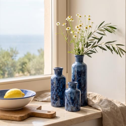 Blue Ceramic Flower Vase Set of 3, Modern Farmhouse Country Costal Vase for Home Decor, Decorative Vase for Table Entryway Mantel Fireplace Centerpieces Living Room Bathroom Decor(Cobalt Blue)