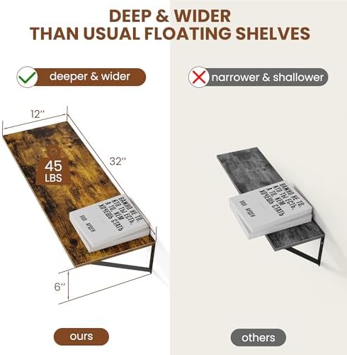 Heimlove 32W x 12D Deep Floating Shelves Set of 2 Rustic Brown