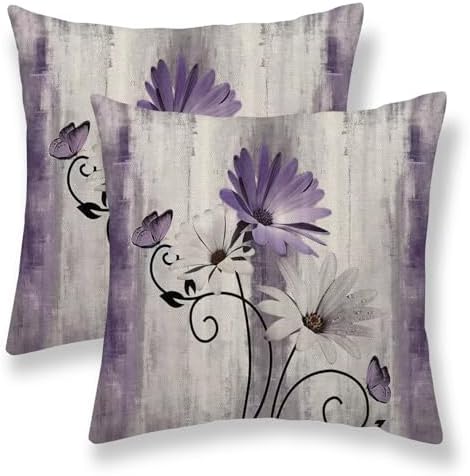 Purple Floral Pillow Covers 16 x 16 Inch Set of 2 Daisy Floral Butterfly Decorative Throw Pillow Covers Linen Rustic Farmhouse Cushion Cases for Home Sofa Couch Living Room Decor