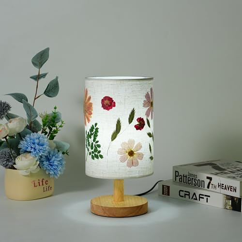 Decorative Table Lamp with Floral Shade Design, Wooden Base, Fabric Lampshade, Ambient Lighting for Bedroom, Living Room (Beige)
