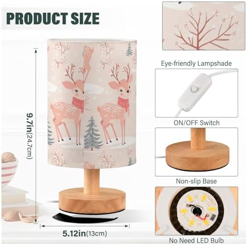 Winter Deer with Red Scarf Pine Tree Bedside Table Lamps with USB Port for Bedroom Lamp Table Lamp Small Nightstand Lamp Sturdy Linen Shade Wooden Decorative Lamps for Home Dorm Office Living Room