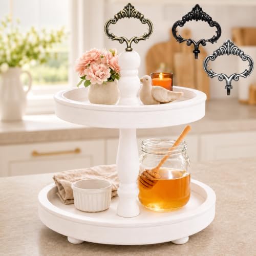 2 Tiered Tray Stand [Includes 3 Changeable Handles] - Rustic Cupcake Stand, Coffee Table Tiered Serving Tray for Kitchen Counter, Stunning Rustic Home Decor, Display Fruits, Plants, Candles (White)