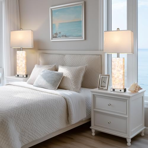 28" Coastal Table Lamps for Living Room Set of 2, Bedside Lamps with Night Light, USB A+C Ports, Modern Sea Shell Bedside Night Stands Light for Beachy Cottage Decor (Silver)