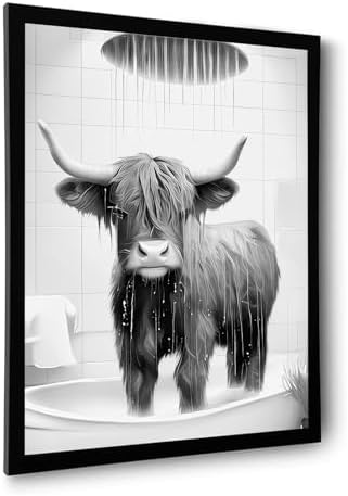 OIQArtOIQ Funny Bathroom Framed Wall Art Black and White Animal Canvas Wall Art Prints Highland Cow Shower Pictures Wall Decor Modern Minimalist Humorous Artwork For Restroom