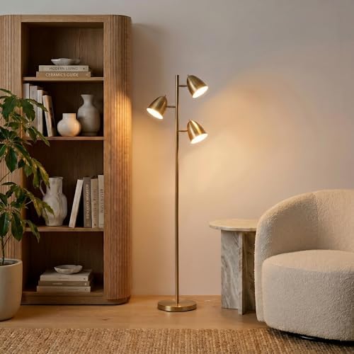 Brightech Jacob LED Standing Lamp, Modern Bright Floor Lamps for Living Rooms & Bedrooms, Tall LED Lighting Lamp with Adjustable 3 Light Tree – Antique Brass/Gold