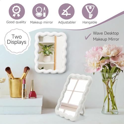 Philbinden Cute Wave-Shaped Desk Vanity Makeup Mirror,Portable Aesthetic Folding Mirror Travel Make Up Mirror for Standing/Hanging,Home Decorations Mirror for Women Girls (1, White)