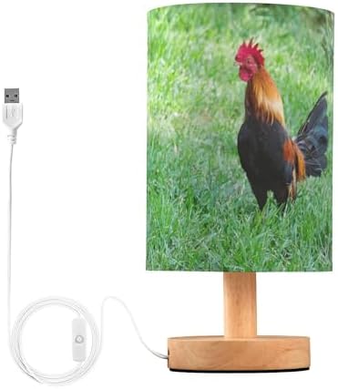 Gamecock Chicken Rooster Cock in Green Field Grass Woodland Table Lamp with Wood Base Fabric Lamp Shade Bedside Nightstand Desk Lamp for Living Room Bedroom Kids Room Office