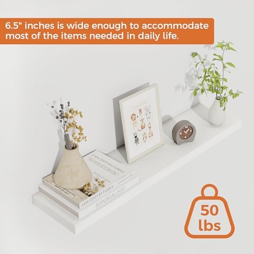 Fun Memories 27.5 Inch Deep Floating Shelves, Set of 2 Heavy Duty Wall Mounted Shelves with Invisible Brackets, Large Rustic Wood Storage Bookshelf for Living Room, Bathroom and Kitchen, White