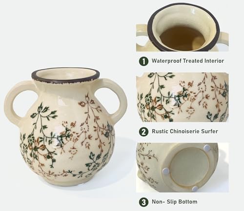 LIFFY Vintage Pastoral Vase with Handles, Retro Ceramic Flower Vase, Green and Beige Rustic Farmhouse Vases Chinoiserie Floral Large Vase for Home Decor, Living Room, Kitchen, Bedroom 6.3 Inch