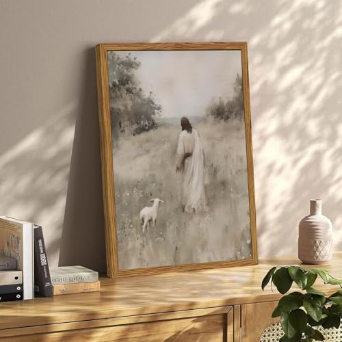 Jesus Leaves The 99 Sheep Wall Art Painting, Vintage Shepherd Christian Wall Decor Lost Lamb Religion Artwork 3D Textured Hand Drawn Sandstone for Living Prayer Room Bedroom 12x16 inch Wood Framed