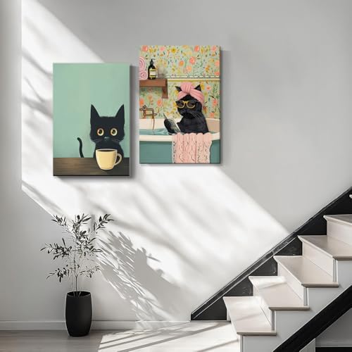Yaneiro Funny Black Cat Bathroom Canvas Bathroom Wall Art Framed Cute Cat Prints Pictures Posters Wall Decor for Living Room Bedroom Toilet Kids Room Wall Paintings 12x16 in