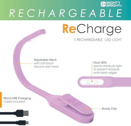 Mighty Bright The Original Recharge Clip On – USB Rechargeable Book Light – Warm LED Reading Lamp – Flexible, Dimmable, Lasts Up to 60 Hours a Charge (Lavender)