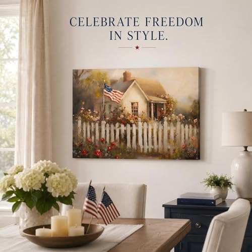 RIBNTAK Made in USA Patriotic American Flag Farmhouse Canvas Wall Art, 4th of July Cottage Garden with Roses Painting Print, Independence Day Decor for Living Room, Bedroom & Kitchen