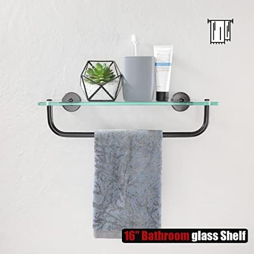 JQK Bathroom Glass Shelf Bronze, Shelf with 15 Inch Towel Bar Tempered Glass Shower Storage 16 by 5 inches, 304 Stainless Steel Oil Rubbed Bronze Wall Mount, TGS100-ORB