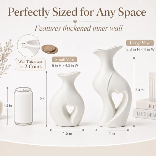 Heart Shaped Flower Vase Set Wabi Sabi Boho Ceramic Vases (White) | Coffee Table Vase, Couples Wedding Gifts, Decorative Vases, Home Decor Vase for Pottery Engagement Living Room Dining Shelf