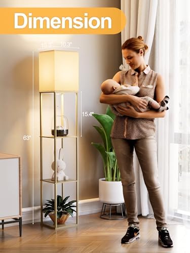 Floor Lamp with Shelves for Living Room Natural Wood, Shelf Floor Lamp with 3 CCT LED Bulb, Corner Display Standing Column Lamp Etagere Organizer Tower Nightstand with White Linen Shade for Bedroom