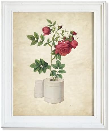 SWITHOM Funny Bathroom Wall Art, Vintage Botanical Red Rose Flower Art Print, 8x10 Inch Unframed Toilet Paper Poster, Shimmer Paper School Art for Restroom Guest Room Decor, Humor Housewarming Gift for Women & Friends