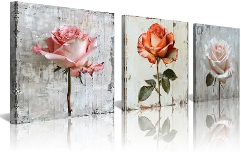 NAN Wind 3Pcs Rose with Distressed Wood Background Framed Canvas Art Vintage Floral Botanical Print Shabby Chic Flower Painting for Home Decor Ready to Hang Wall Art for Living Room Bedroom Kitchen