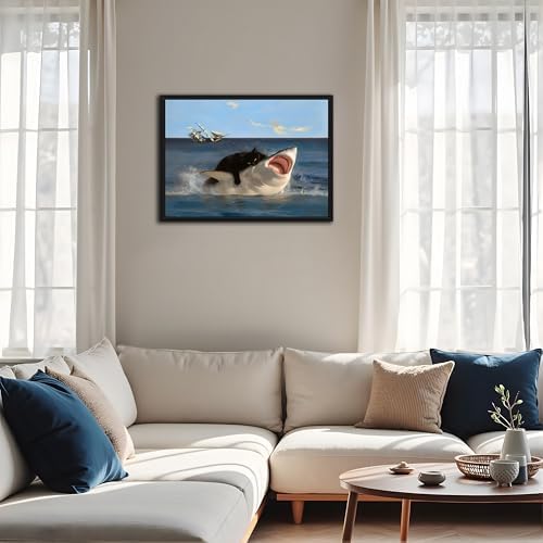 Floating Framed Black Cat Wall Art, Funny Quirky Cat and Shark Pictures Canvas Print, Abstract Black Cat Shark Posters Wall Decor for Room Bedroom Living Room Bathroom Aesthetic 12x16 inch