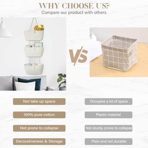 TeoKJ Over the Door Hanging Baskets with Wooden Button, 3-Tier Wall-Mounted Decorative Nursery Kitchen Baskets, White