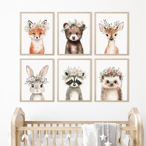 Woodland Animal Nursery Wall Art Decor Baby Girl Room Pictures Floral Crown Animal Canvas Wall Art Decor Safari Bear Fox Poster Floral Nursery Prints Artwork for Kids Bedroom 12x16x6 Inch Unframed