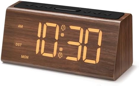 Cadmos Wooden Digital Alarm Clock for Bedroom,Electric Desk Clock with USB Port,Loud Alarm for Heavy Sleepers,Adjustable Volume & Dimmer,Snooze,DST,Wood Decor,Bedside & Desk Us(Brown - Amber Digits)