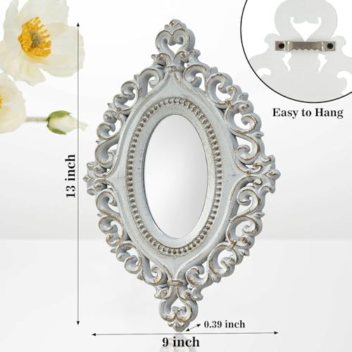 2 Set Oval Wood Carved Wall Mirror Baroque 3D Relief Rustic Home Decor Small Decorative Hanging Mirrors for Living Room, Bedroom Entrance Wall Sculpture