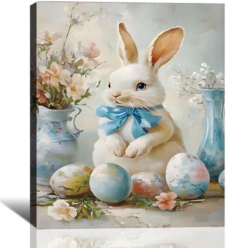 Easter Bunny with Blue Bow Canvas Wall Art, Framed Farmhouse Poster Prints for Kids Room, Cute Easter Eggs Pictures for Kitchen, Bathroom, Shelf Home Wall Decor,8x12 In