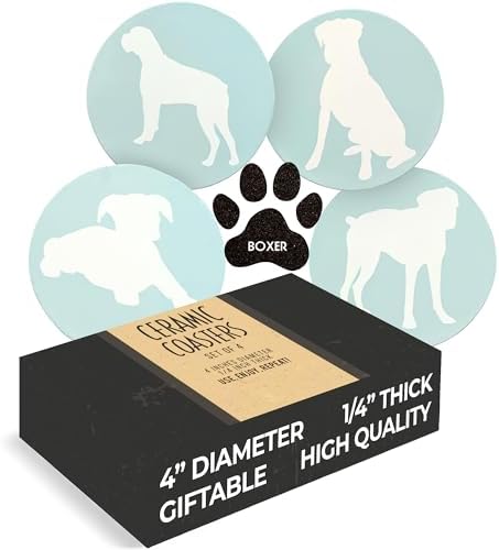 Greenline Goods Boxer Lovers Ceramic Drink Coasters - Set of 4 Dog Coasters with Protective Cork Bottom and Metal Stand - Boxer Decor for Boxer Moms & Dads