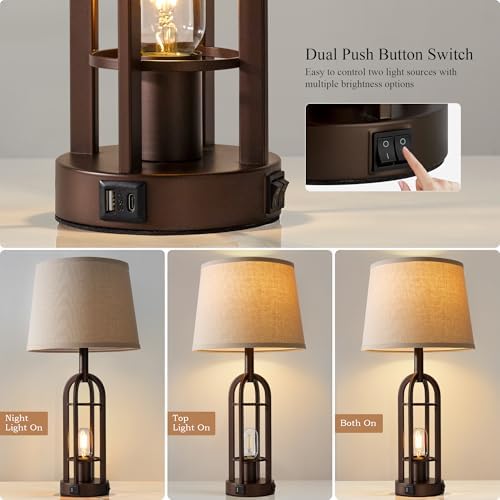 SRJJA Table Lamps for Living Room End Table Set of 2 - Farmhouse Industrial Bedside Lamps for Bedroom Nightstand with Nightlight and USB A+C, 4 Bulbs Included