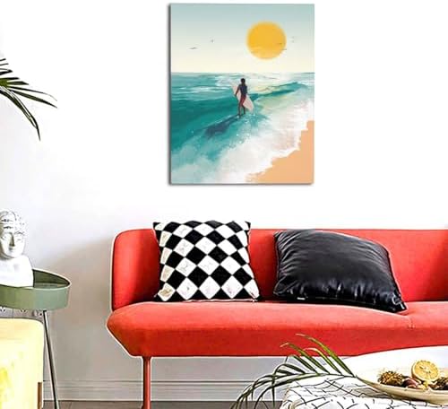 Beach Surfing Wall Art Ocean Coastal Wave Canvas Wall Decor Summer Nature Seascape Pictures Painting Print Framed Artwork Decorations for Bathroom Living Room Office Bedroom 16"x20"