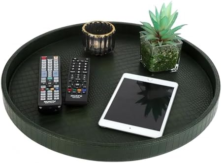 HofferRuffer Round Serving Tray 20'', Elegant Faux Leather Circle Ottoman Table Tray, Serve Tea Coffee Breakfast in Bedroom Living Room Kitchen(Green, 20")
