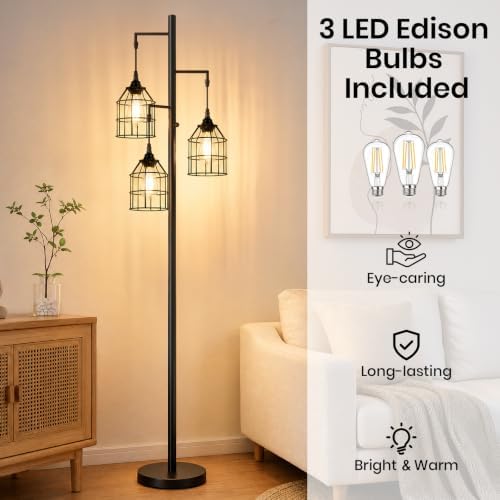 Sucolite 70’’ Tall Floor Lamp for Living Room, 3-Light Black Standing Lamp