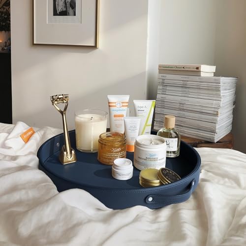 HofferRuffer Top Nocth PU Leather Round Serving Tray, Decorative Serving Tray with Handles, Coffee Tray, Ottoman Tray for Home Or Office, Diameter 14.6-inch (Dark Blue)