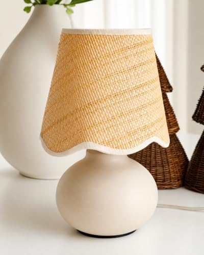 11" Small Mini Boho Table Lamp – Handmade Ceramic Cream Base with Scallop Woven Rattan Shade, Dimmable Plug-In Accent Light for Bedroom, Nightstand, Small Spaces, Kitchen Counter, Bookshelf