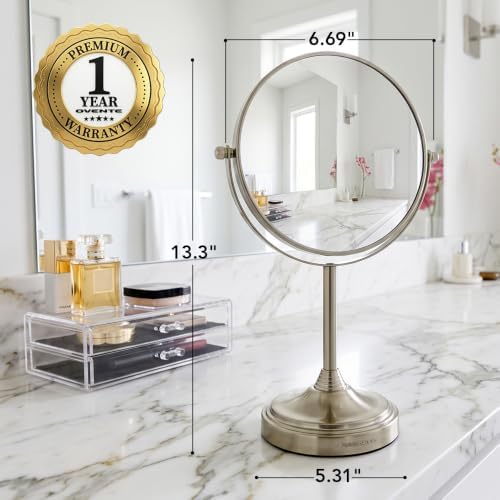 OVENTE 7" Tabletop Magnifying Makeup Mirror, Nickel Brushed MNLCT70BR1X7X | Double Sided Vanity Standing Mount Mirror with 1X/7X Magnification, 360° Rotation, Perfect for Dresser Bedroom Office Desk