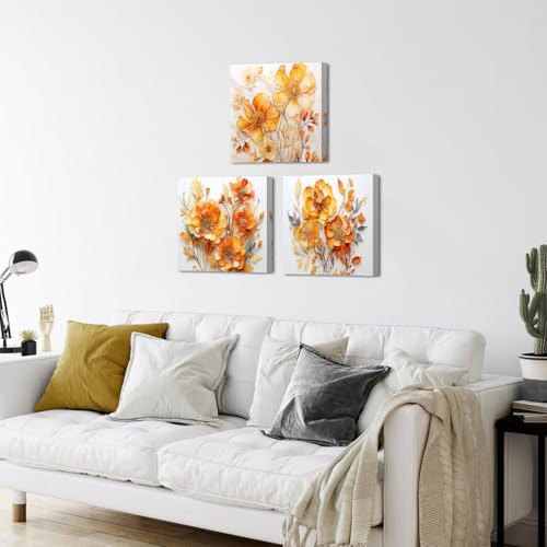 AIYISU Orange Flowers Wall Art for Living Room Decor Abstract Wildflower Canvas Paintings Fall Nature Floral Prints Pictures Modern Autumn Artwork for Bathroom Bedroom Home Decorations 20x20 3Pcs