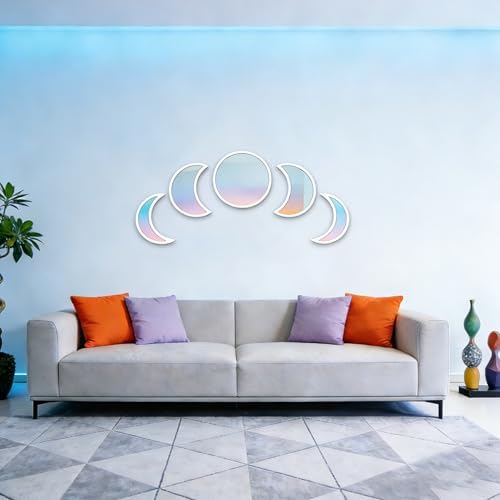 5-piece Set of Moon Phase Mirror Decorations in Nordic Style, Acrylic Mirror paired with Wooden Combination, Bohemian Style Living Room Bedroom Home Decoration, White (White)
