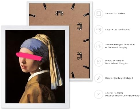 Poster Master Girl with a Pearl Earring Painting Print - Baroque Portrait Poster - Altered & Pop Art - Gift for Men & Women - Decor for Bedroom, Living Room or Office - 16x20 White Framed