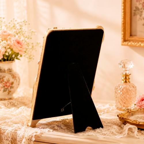 Vintage Gold Mirror Desk Decor -Antique Small Vanity Decorative, Rectangle | Table Art Nouveau with Stand, Cute Princess Frame, Tabletop Office Bedroom Furniture Room Bathroom Home Wall Accessories