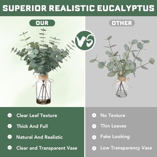 Artificial Eucalyptus Stems in Glass Vase, 15.74-in Greenery